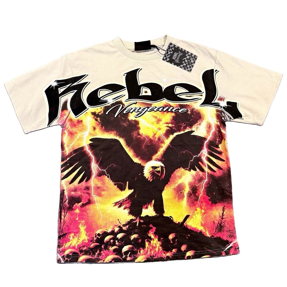 Rebel Vengeance Eagle Graphic T Shirt Mens M NWT Cream Skull Lightning Boxy Fit